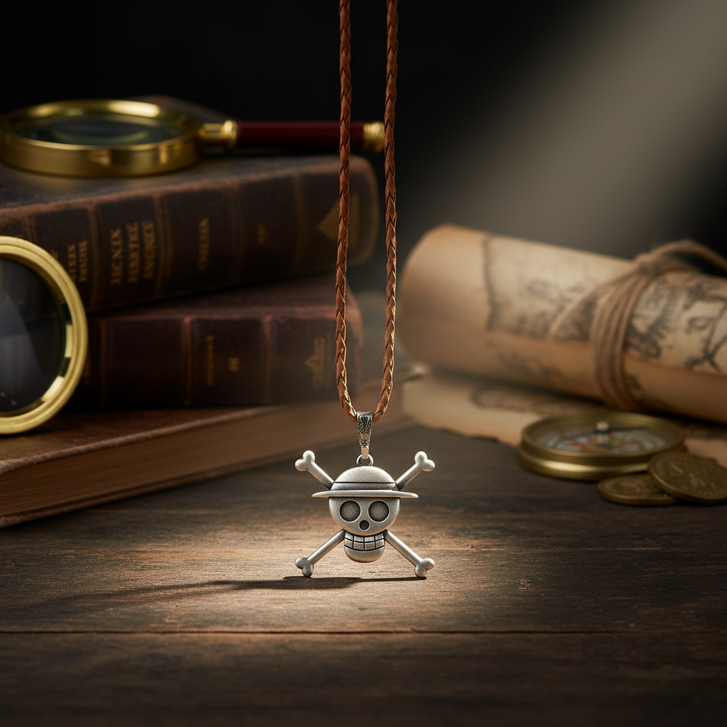 Collier NIPPON DOKI STORE avec pendentif 3D tête de mort au chapeau de paille One Piece sur fond de livres anciens