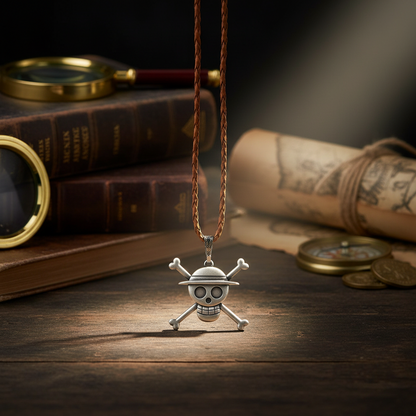Collier NIPPON DOKI STORE avec pendentif 3D tête de mort au chapeau de paille One Piece sur fond de livres anciens