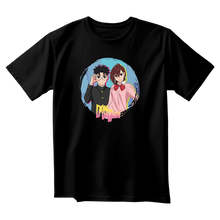 NIPPON DOKI STORE black unisex Dan Da Dan cotton t-shirt featuring Momo and Okarun in a circular graphic print
