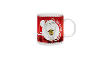 NIPPON DOKI STORE Dan Da Dan ceramic mug featuring Mémé Turbo cat character on a red patterned background