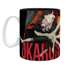 NIPPON DOKI STORE Dan Da Dan ceramic mug featuring Okarun in action with bold red text on a black background