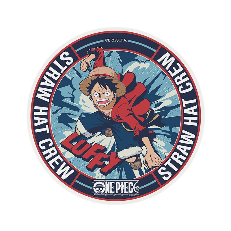 Dessous de verre rond en céramique NIPPON DOKI STORE illustré avec Monkey D. Luffy de One Piece et le texte Straw Hat Crew