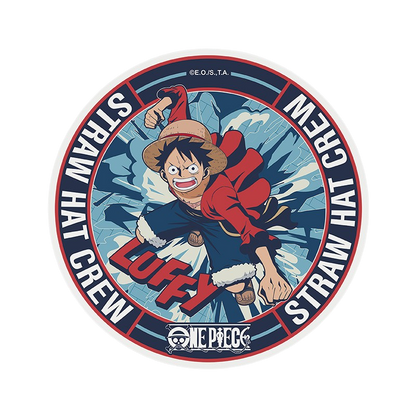 Dessous de verre rond en céramique NIPPON DOKI STORE illustré avec Monkey D. Luffy de One Piece et le texte Straw Hat Crew