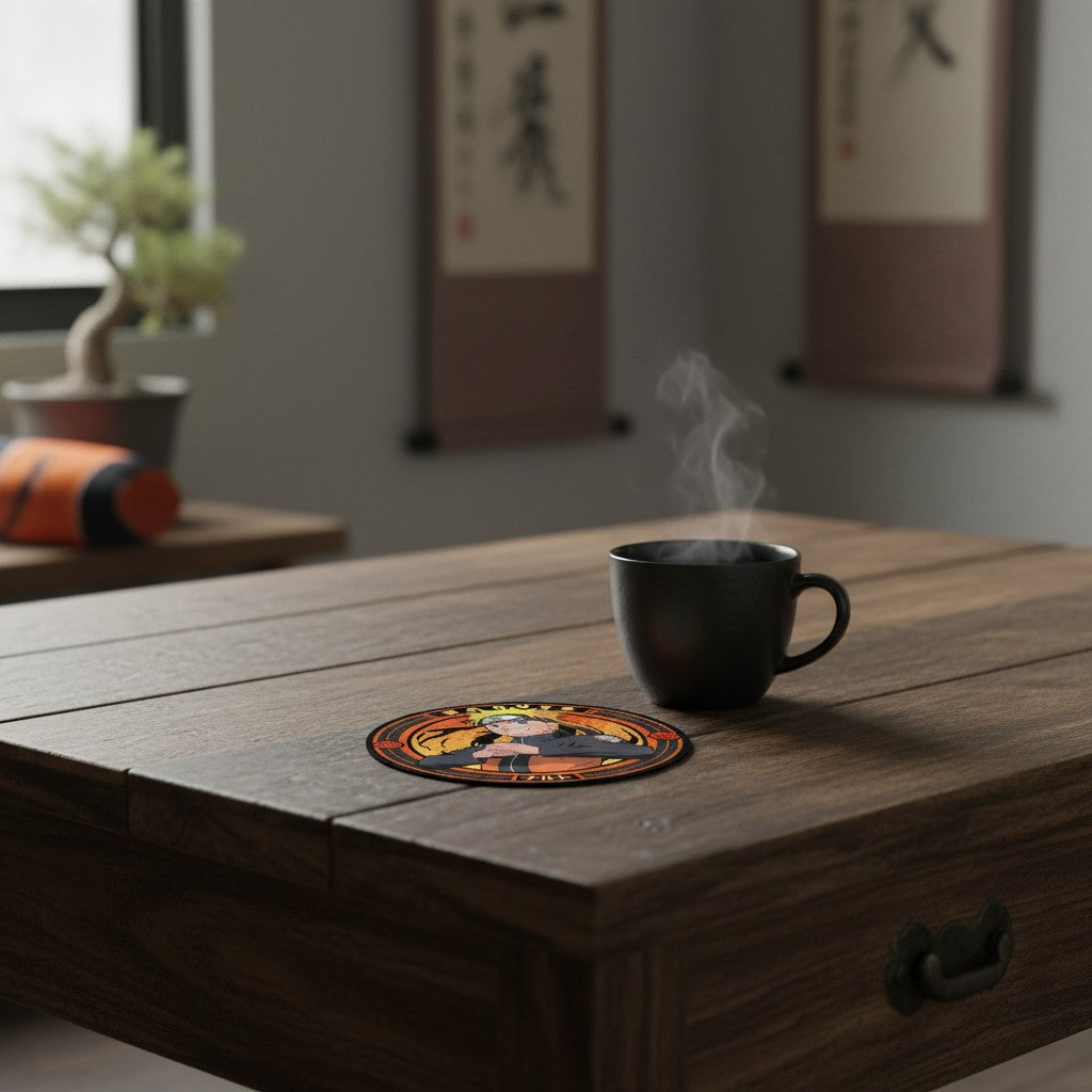 Dessous de verre en céramique Naruto sur une table en bois avec une tasse fumante, sélectionné par NIPPON DOKI STORE