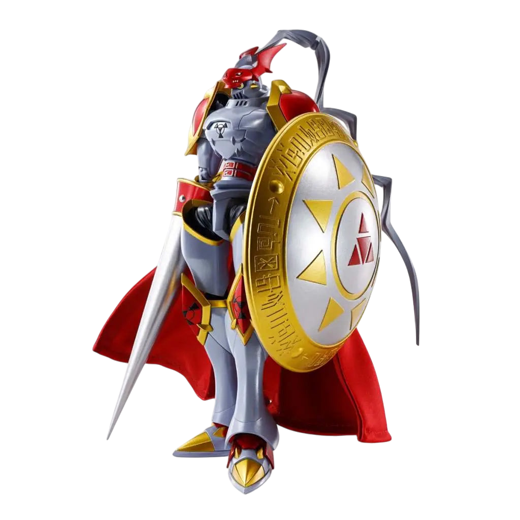 NIPPON DOKI STORE S.H.Figuarts Dukemon Gallantmon action figure with red and white armor, lance, and golden shield