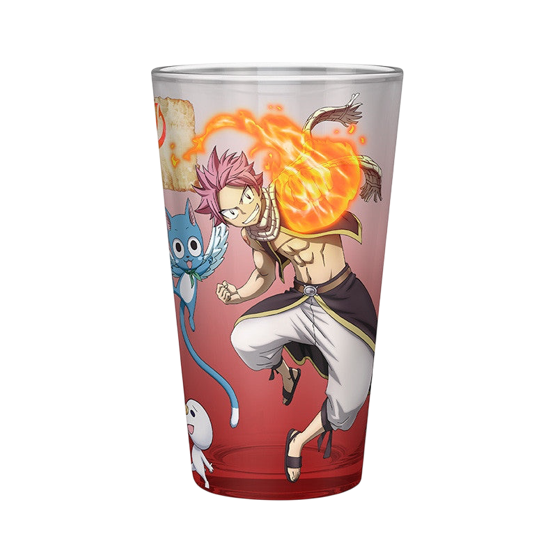 NIPPON DOKI STORE Fairy Tail 400ml glass featuring Natsu, Lucy, Happy, and Plue in a vibrant anime design