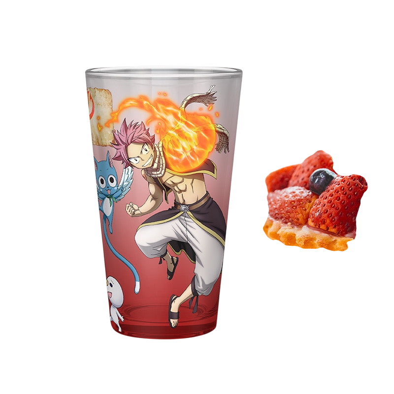 NIPPON DOKI STORE 400ml Fairy Tail glass featuring Natsu, Lucy, Happy, and Plue graphics on a clear surface.