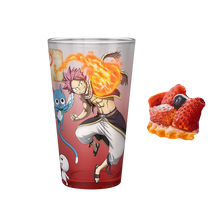 NIPPON DOKI STORE 400ml Fairy Tail glass featuring Natsu, Lucy, Happy, and Plue graphics on a clear surface.