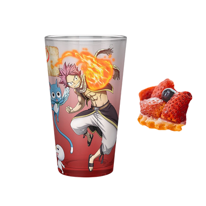 NIPPON DOKI STORE 400ml Fairy Tail glass featuring Natsu, Lucy, Happy, and Plue graphics on a clear surface.