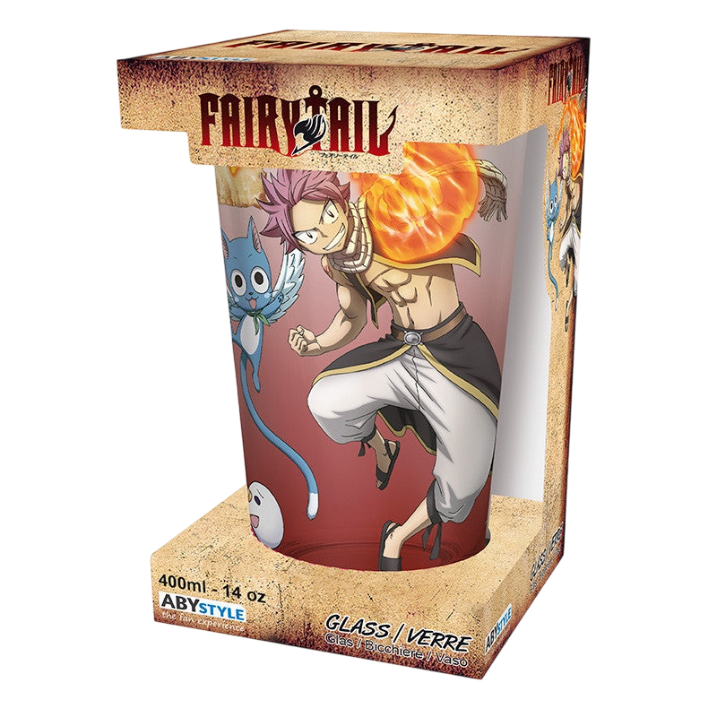 NIPPON DOKI STORE Fairy Tail XXL glass featuring Natsu, Lucy, Happy, and Plue in a 400ml official collector box