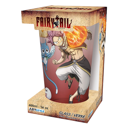 NIPPON DOKI STORE Fairy Tail XXL glass featuring Natsu, Lucy, Happy, and Plue in a 400ml official collector box