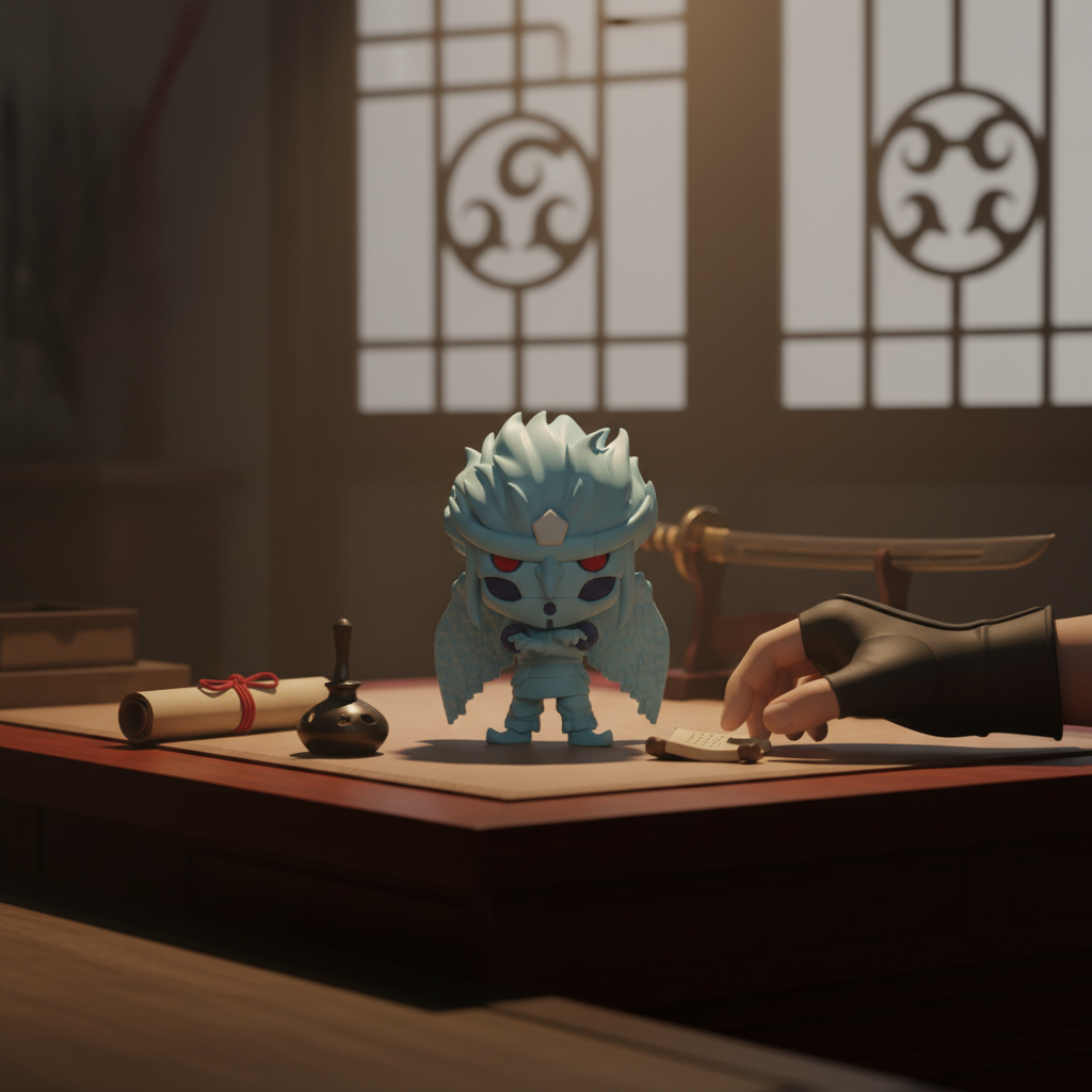 Figurine Funko POP Super NIPPON DOKI STORE de Kakashi Hatake en Susanoo Parfait bleu sur un bureau traditionnel