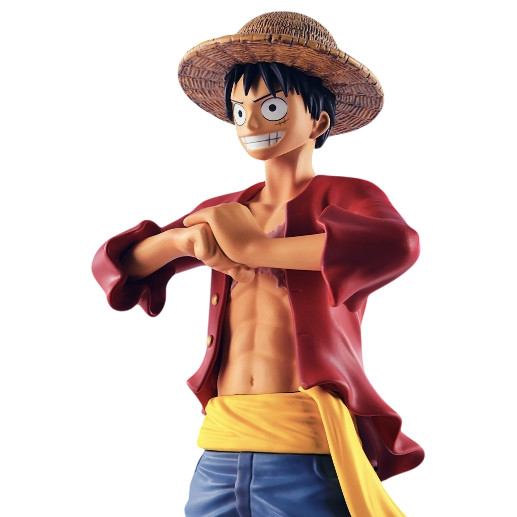 Figurine officielle NIPPON DOKI STORE de Monkey D. Luffy avec son chapeau de paille sur fond de ciel bleu