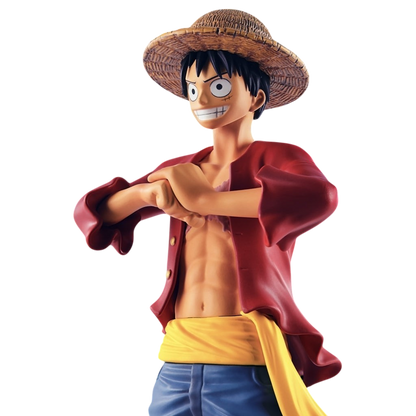 Figurine officielle NIPPON DOKI STORE de Monkey D. Luffy avec son chapeau de paille sur fond de ciel bleu