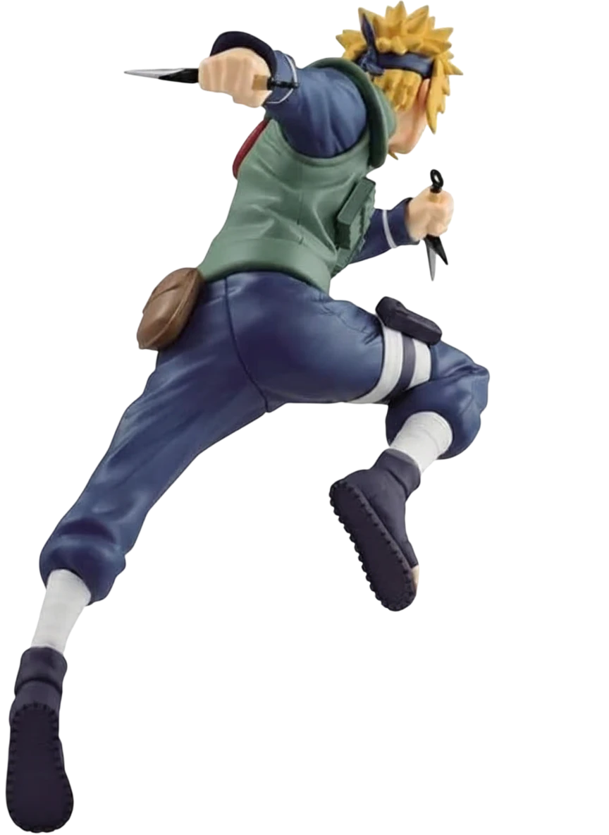 Figurine NIPPON DOKI STORE Vibration Stars de Minato Namikaze en pleine action avec ses kunais, vue de dos.