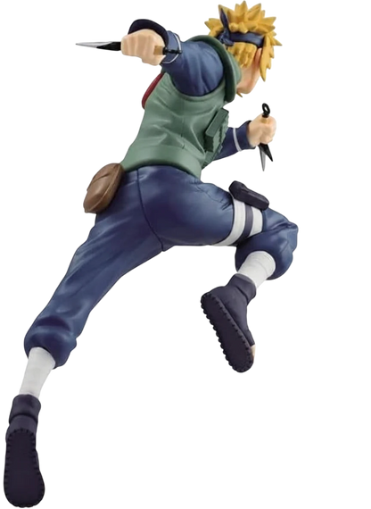 Figurine NIPPON DOKI STORE Vibration Stars de Minato Namikaze en pleine action avec ses kunais, vue de dos.
