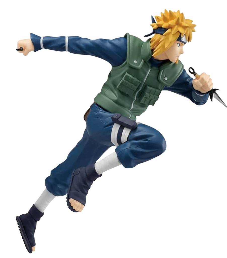 Figurine NIPPON DOKI STORE de Minato Namikaze en pleine action, portant sa tenue de ninja bleue et son gilet vert.