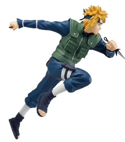 Figurine NIPPON DOKI STORE de Minato Namikaze en pleine action, portant sa tenue de ninja bleue et son gilet vert.