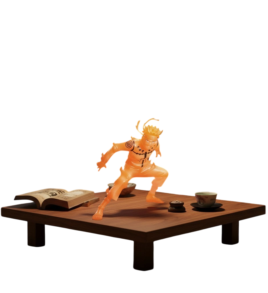 Figurine NIPPON DOKI STORE Naruto Uzumaki Vibration Stars translucide orange en mode chakra sur une table basse