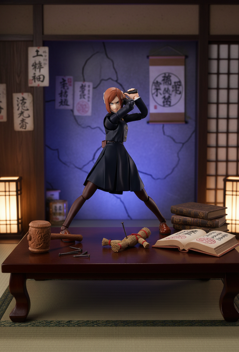 Figurine articulée NIPPON DOKI STORE Nobara Kugisaki de Jujutsu Kaisen avec marteau, clous et poupée de paille