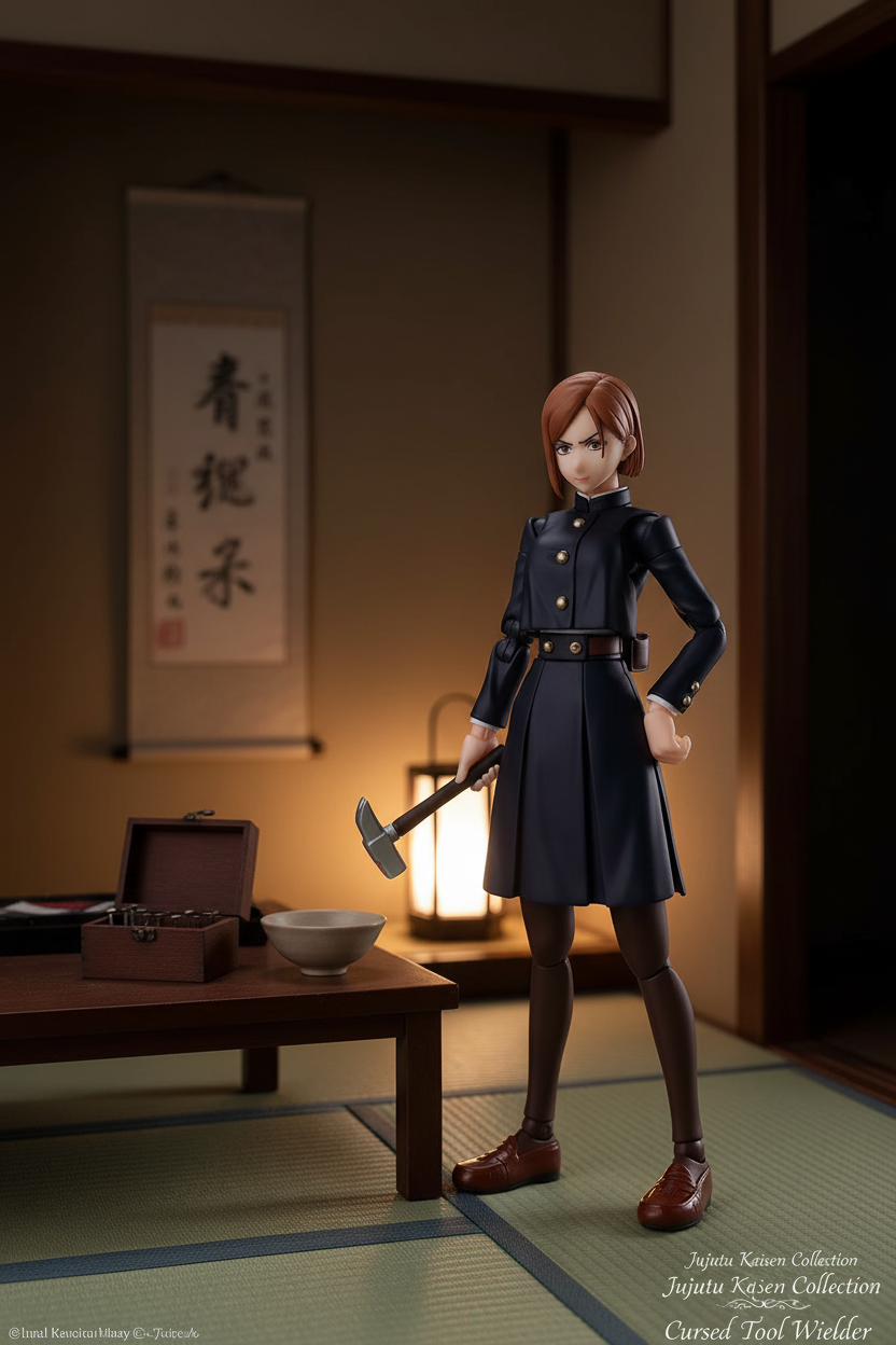 Figurine articulée NIPPON DOKI STORE Nobara Kugisaki de Jujutsu Kaisen avec son marteau dans un décor traditionnel