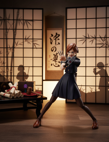 Figurine articulée NIPPON DOKI STORE Nobara Kugisaki de Jujutsu Kaisen avec son marteau et ses clous en pose de combat