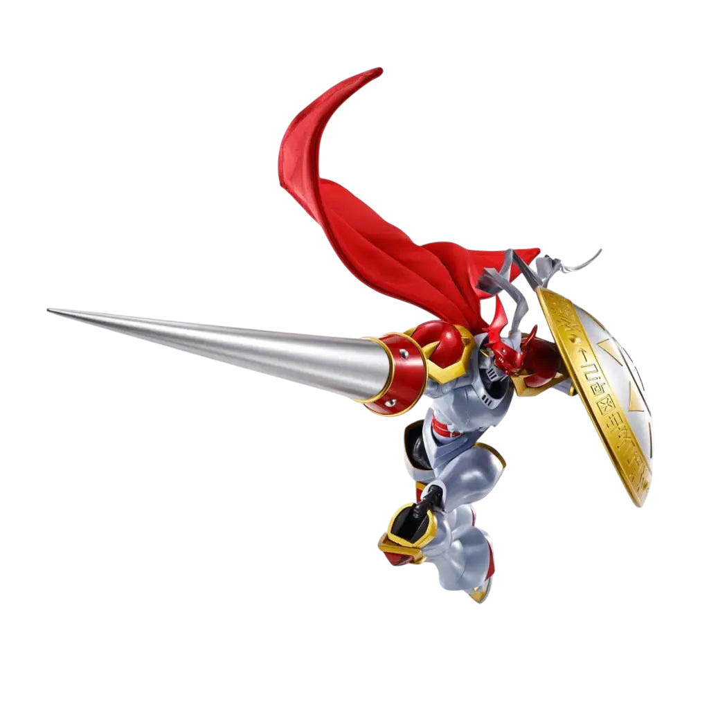 NIPPON DOKI STORE Dukemon Gallantmon S.H.Figuarts action figure with red cape, silver lance, and golden shield