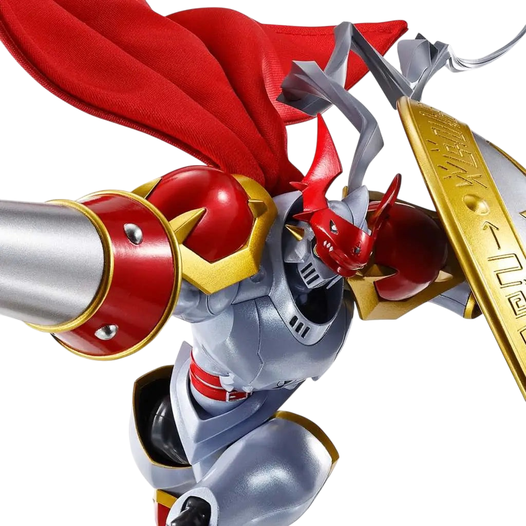 NIPPON DOKI STORE S.H.Figuarts Gallantmon action figure with red cape, silver armor, and golden shield from Digimon
