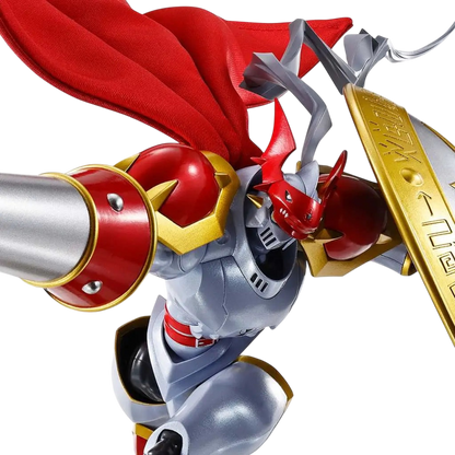NIPPON DOKI STORE S.H.Figuarts Gallantmon action figure with red cape, silver armor, and golden shield from Digimon