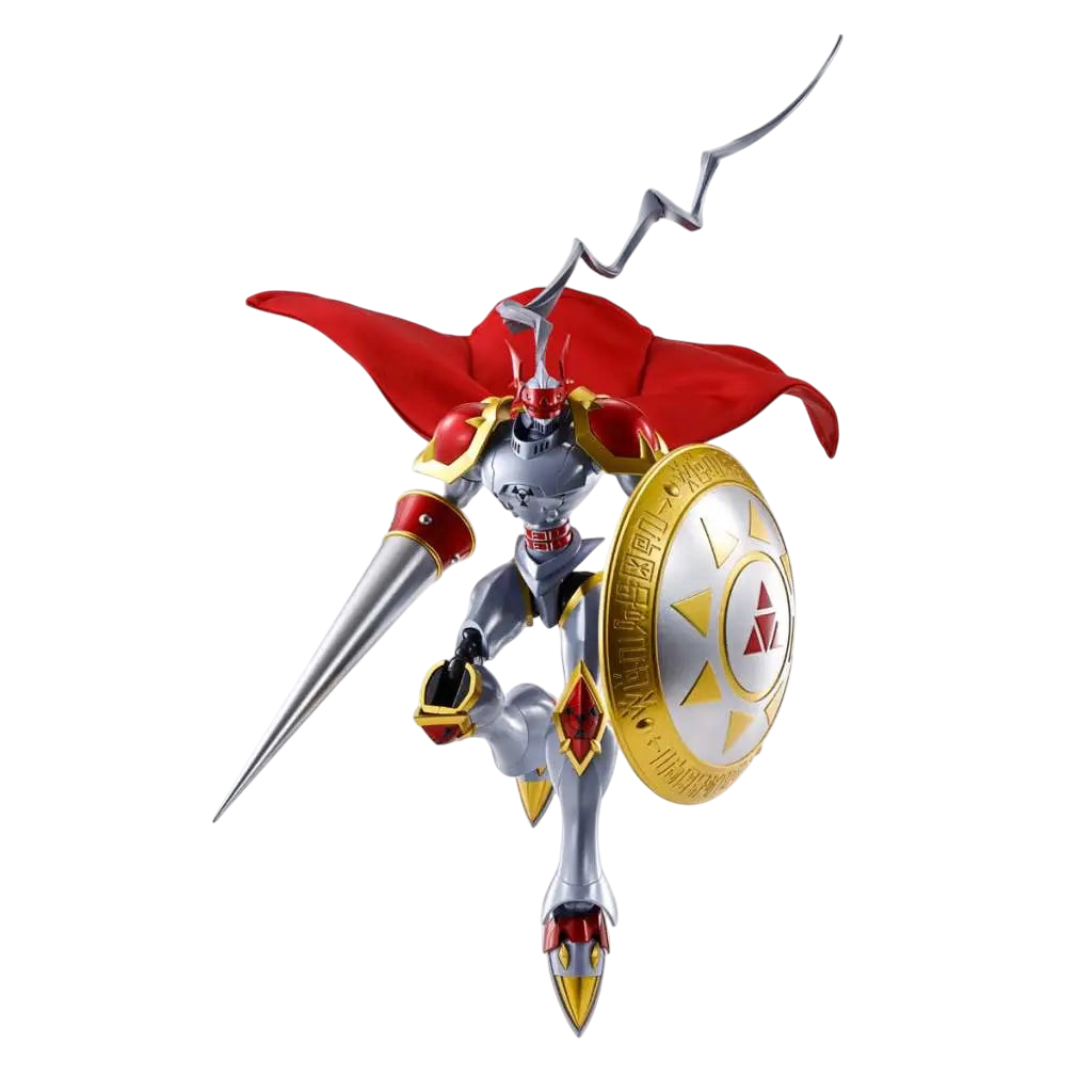 NIPPON DOKI STORE S.H.Figuarts Gallantmon action figure with red cape, silver armor, lance, and Aegis shield.