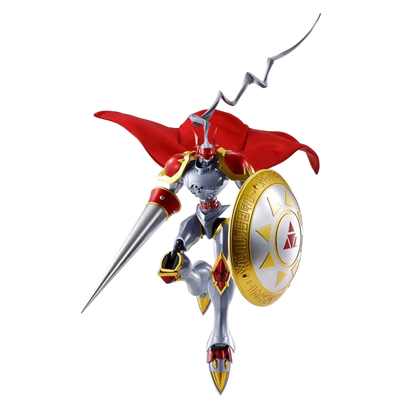 NIPPON DOKI STORE S.H.Figuarts Gallantmon action figure with red cape, silver armor, lance, and Aegis shield.