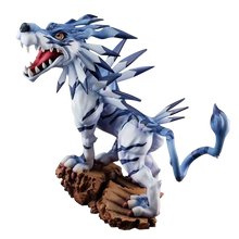 NIPPON DOKI STORE Garurumon GEM Battle statuette from Digimon Adventure featuring a blue wolf-like creature on a base