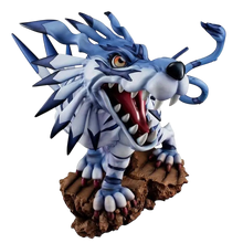NIPPON DOKI STORE Garurumon GEM Battle statuette from Digimon Adventure featuring a blue wolf Digimon on a rocky base