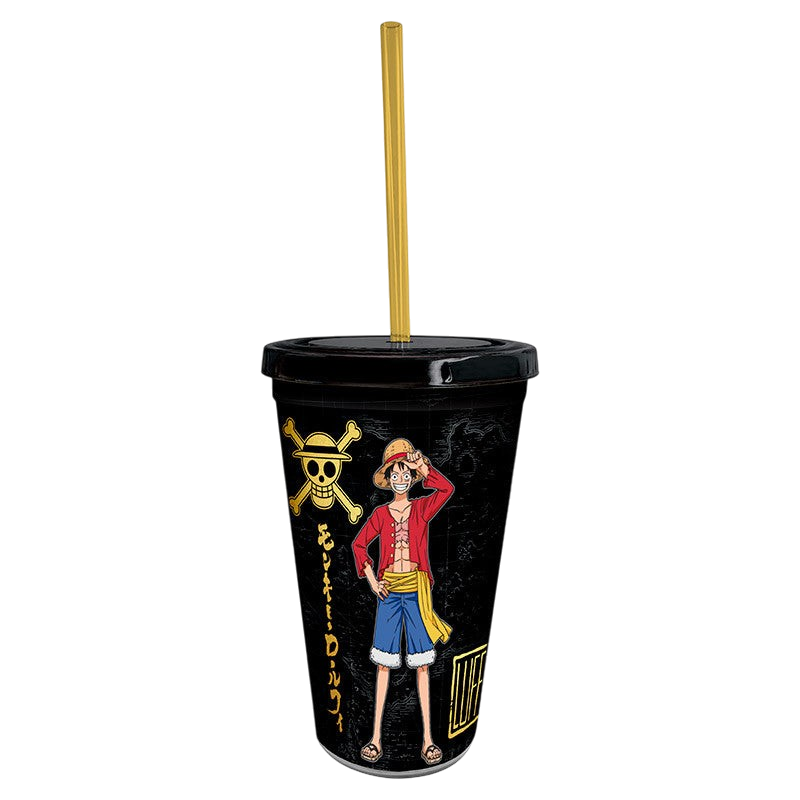 Gobelet noir NIPPON DOKI STORE One Piece de 470 ml avec paille dorée, illustré avec Luffy et le logo pirate.