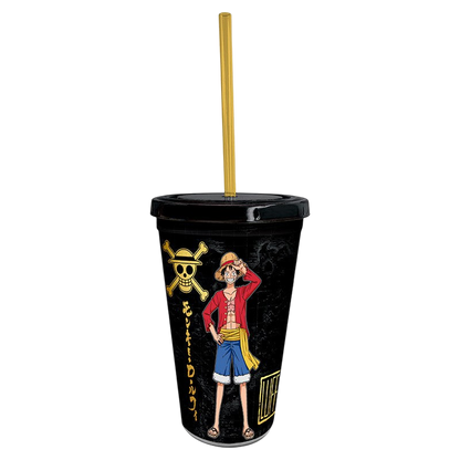 Gobelet noir NIPPON DOKI STORE One Piece de 470 ml avec paille dorée, illustré avec Luffy et le logo pirate.