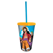 Gobelet One Piece Wano 470 ml avec paille bleue et couvercle jaune, illustré avec Luffy, vendu par NIPPON DOKI STORE