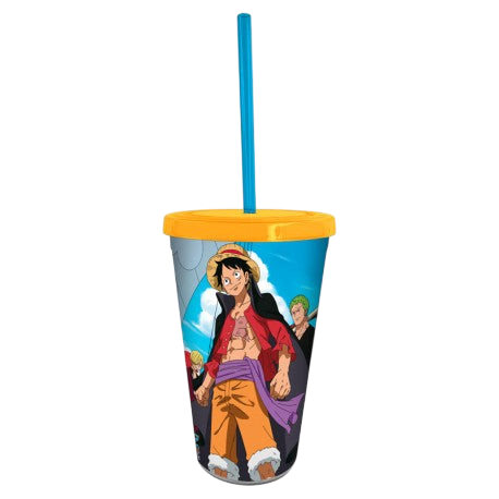 Gobelet avec paille NIPPON DOKI STORE One Piece 470 ml illustré avec Luffy et Zoro sur fond bleu