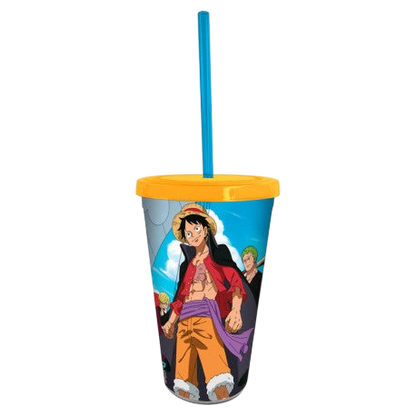 Gobelet avec paille NIPPON DOKI STORE One Piece 470 ml illustré avec Luffy et Zoro sur fond bleu