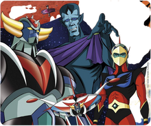 NIPPON DOKI STORE Goldorak group mouse pad featuring Grendizer, Duke Fleed, and Koji Kabuto in a space battle scene