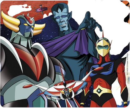 NIPPON DOKI STORE Goldorak group mouse pad featuring Grendizer, Duke Fleed, and Koji Kabuto in a space battle scene
