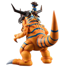 NIPPON DOKI STORE Greymon and Taichi GEM Rerun statuette from Digimon Adventure, rear view showing detailed scales.