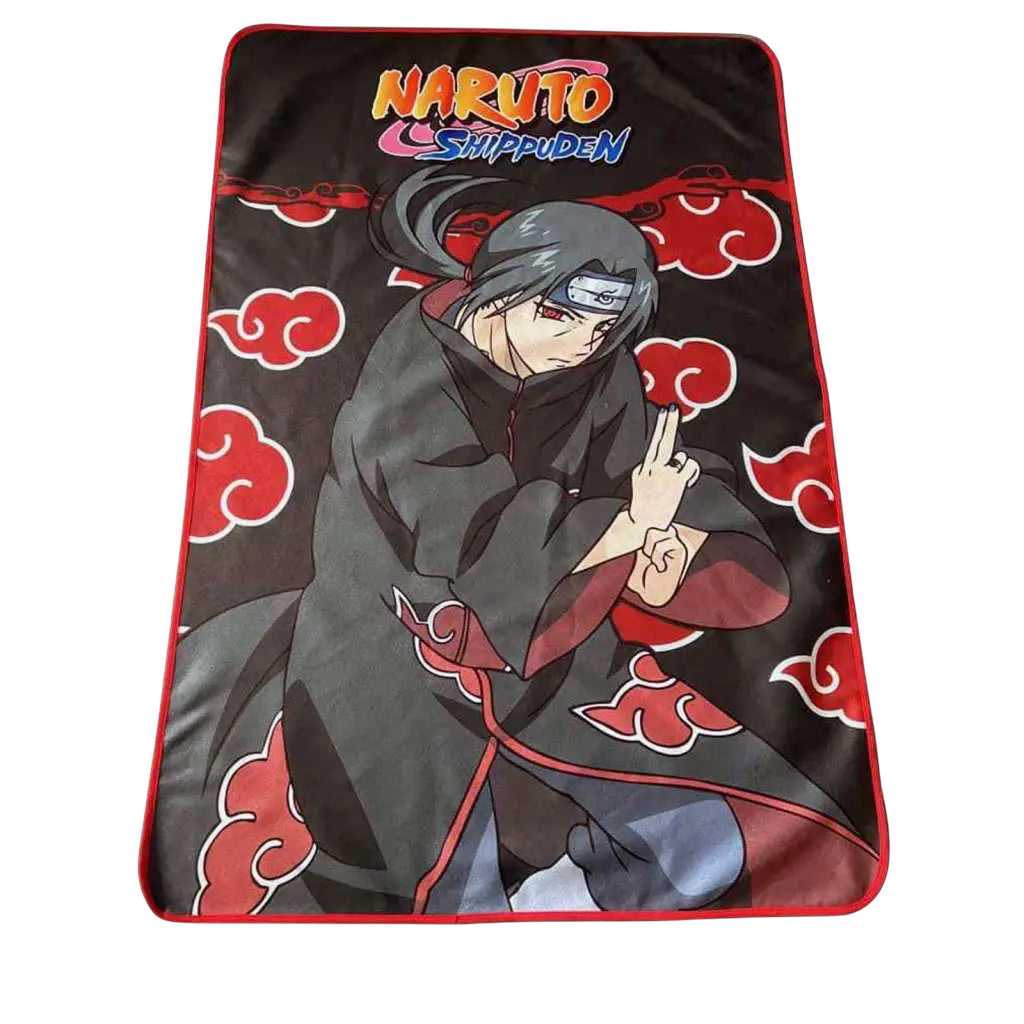 NIPPON DOKI STORE Naruto Shippuden Itachi Uchiha fleece blanket with Akatsuki cloud pattern and red trim