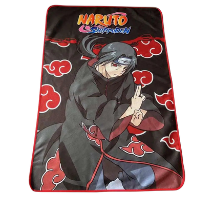 NIPPON DOKI STORE Naruto Shippuden Itachi Uchiha fleece blanket with Akatsuki cloud pattern and red trim