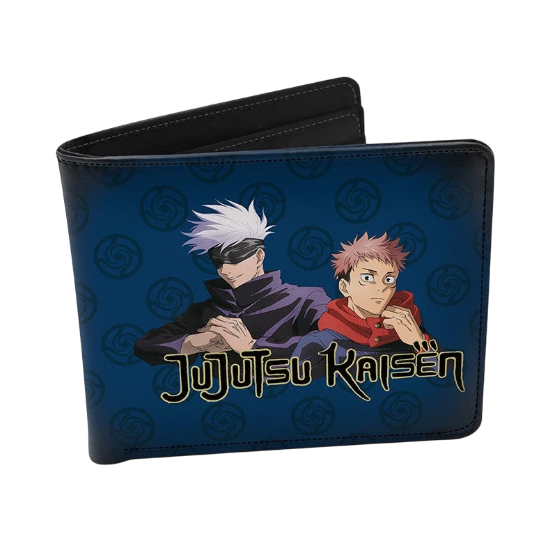 NIPPON DOKI STORE Jujutsu Kaisen vinyl wallet featuring Yuji Itadori and Satoru Gojo on a blue patterned background.