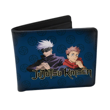 NIPPON DOKI STORE Jujutsu Kaisen vinyl wallet featuring Yuji Itadori and Satoru Gojo on a blue patterned background.