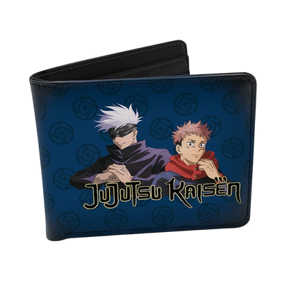 NIPPON DOKI STORE Jujutsu Kaisen vinyl wallet featuring Yuji Itadori and Satoru Gojo on a blue patterned background.