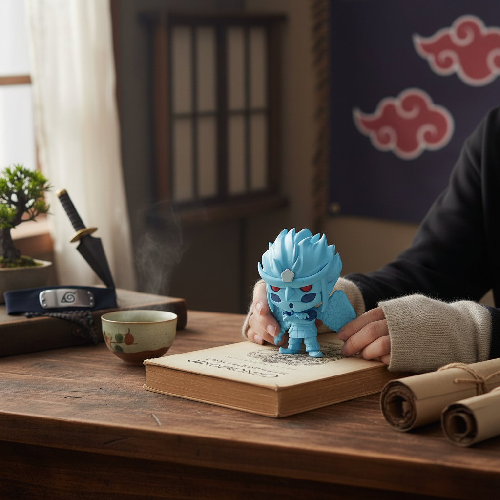 Figurine Funko POP! Super NIPPON DOKI STORE de Kakashi Hatake en Susanoo Parfait bleu sur un bureau en bois