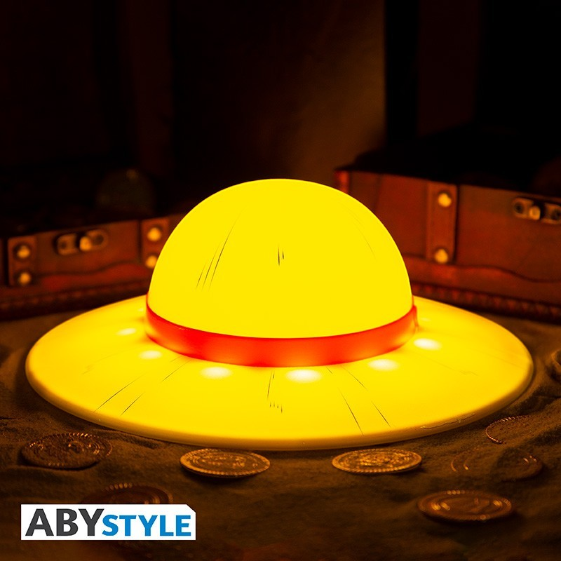 Lampe officielle NIPPON DOKI STORE en forme de chapeau de paille jaune de Luffy dans One Piece avec pièces d'or