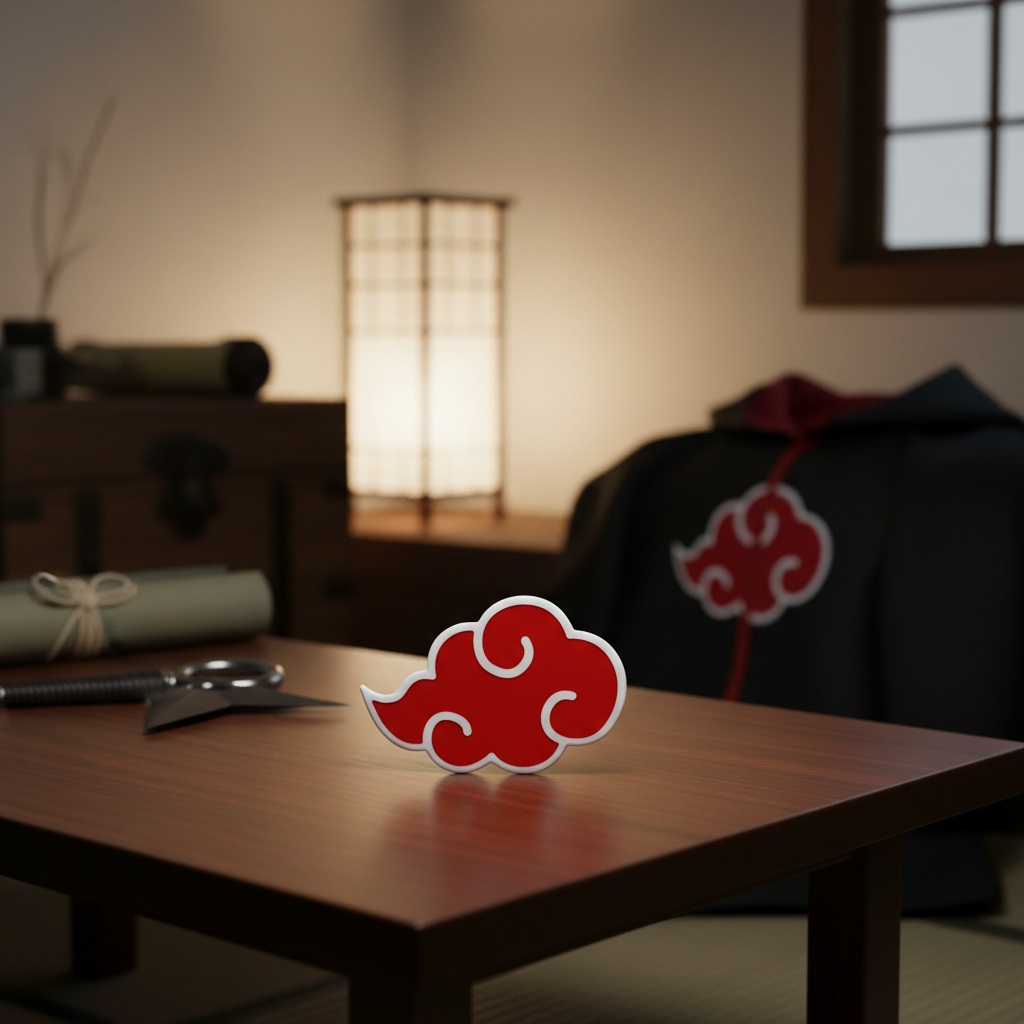Lampe NIPPON DOKI STORE en forme de nuage Akatsuki rouge et blanc posée sur une table en bois dans une pièce zen