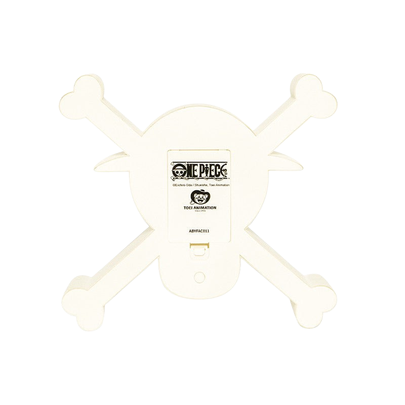 Vue arrière de la lampe crâne One Piece officielle NIPPON DOKI STORE avec compartiment à piles et logos de licence